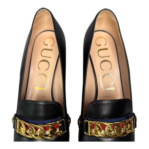 Gucci Sylvie Black Leather Chain Web Stripe Block Heel Pumps Shoes 38.5 US 8.5 - Picture 5 of 15
